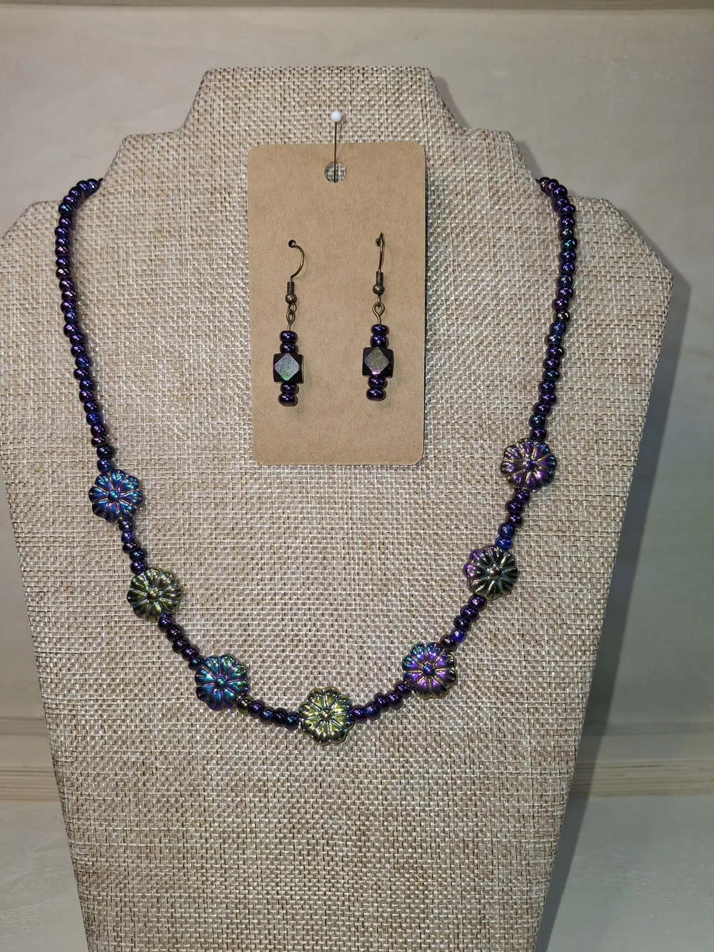 Handmade Iridescent Purple Flower Bead Necklace & Earring Set
